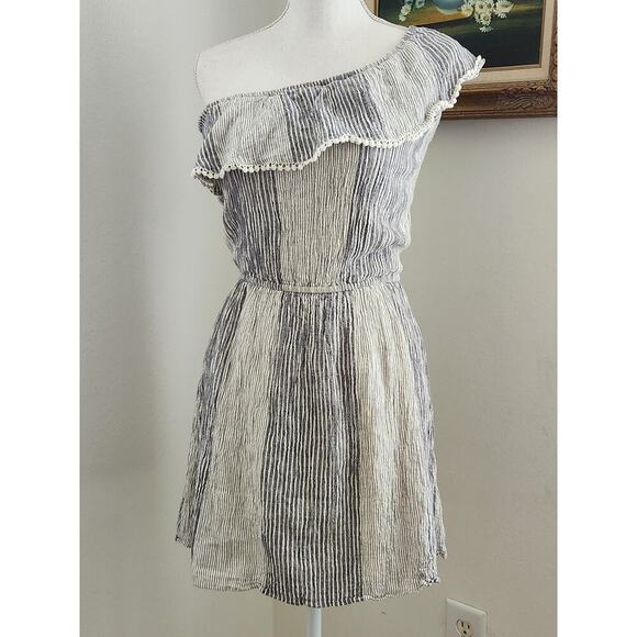 American Eagle blue white crinkle one shoulder knee length dress M‎ - Picture 1 of 6